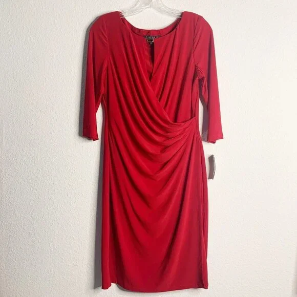 ralph lauren red wrap dress Polo Ralph Lauren Ely Short Puff-sleeve Surplice Wrap Dress In Red